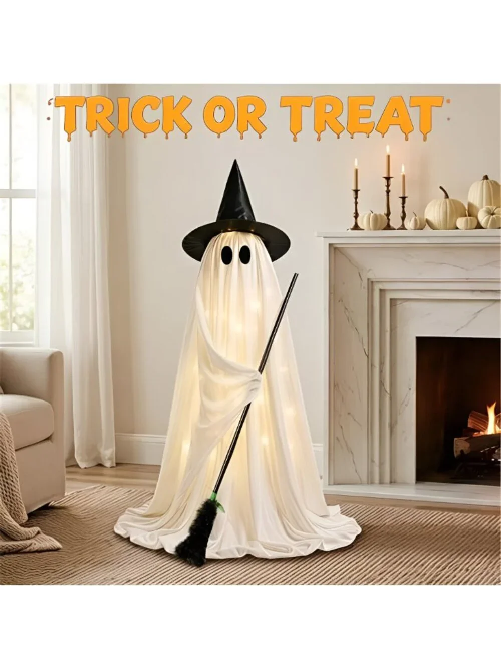 Halloween Decorations Outdoor Lighted Ghost, Witch Hat Broom Yard Decor